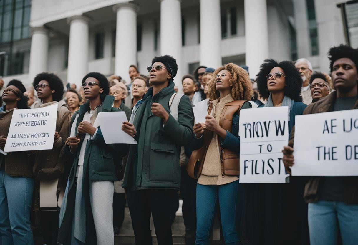 A group of people peacefully protesting outside a government building, holding signs and singing hymns