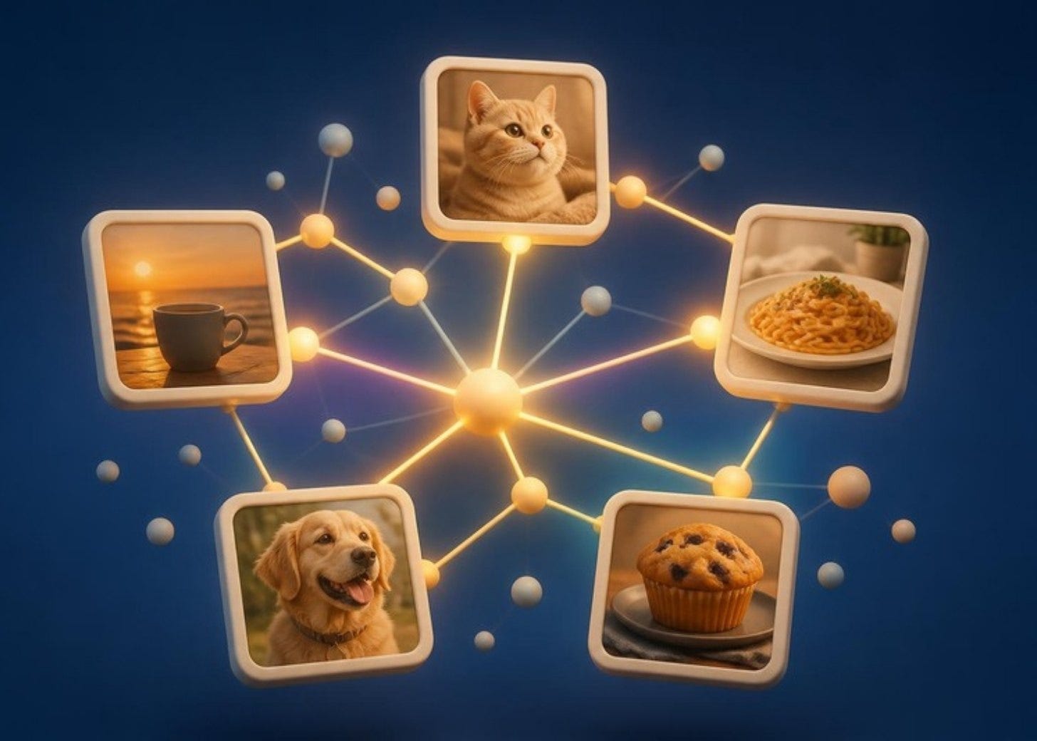 Ett lysande nÀtverk av smÄ fotografier av en katt, en hund, pasta, en muffin och kaffe i solnedgÄng Ett lysande nÀtverk av smÄ fotografier av en katt, en hund, pasta, en muffin och kaffe i solnedgÄng