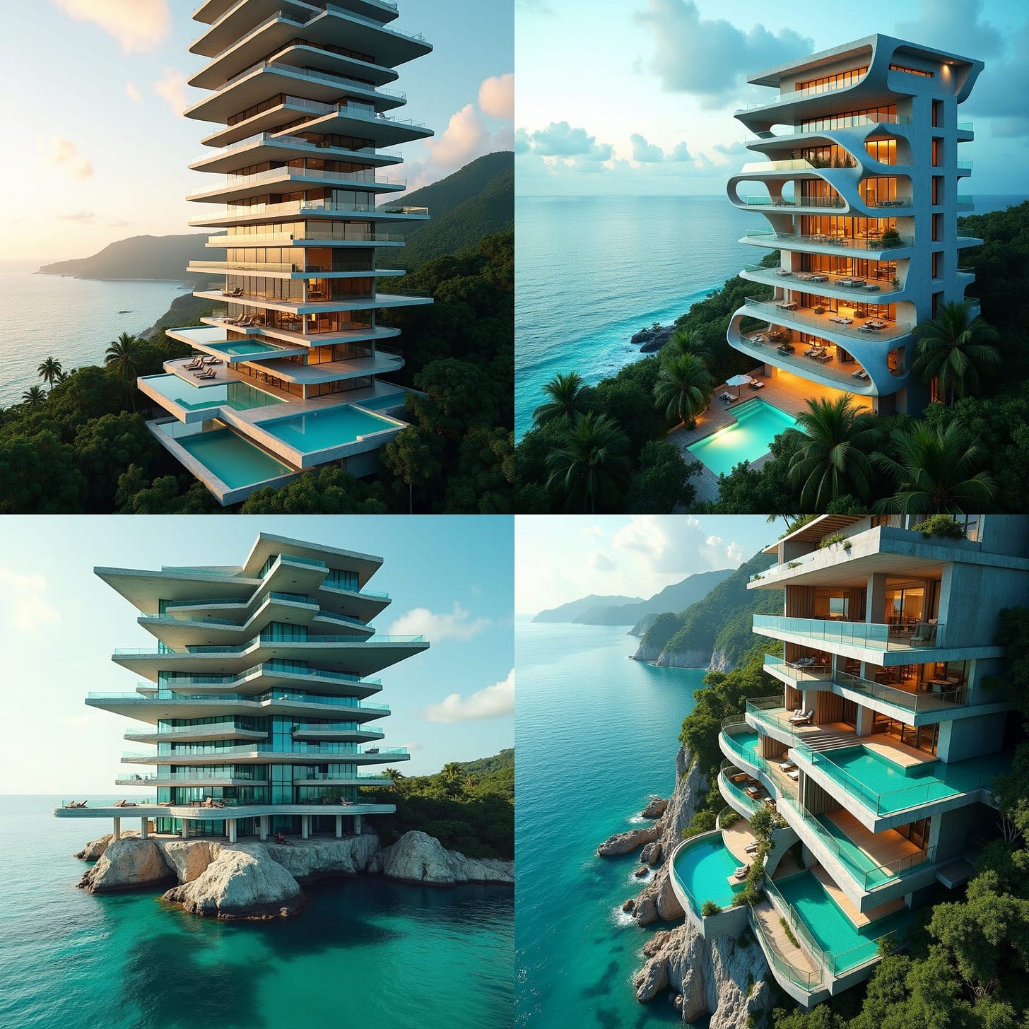 Sleek, modern Jamaican skyscraper in Ocho Rios, Jamaica, rising from the sea, with multiple levels of glimmering pools, expansive glass surfaces, and rugged concrete platforms, featuring dramatic protruding platforms at various heights, overlooking the turquoise Caribbean waters.