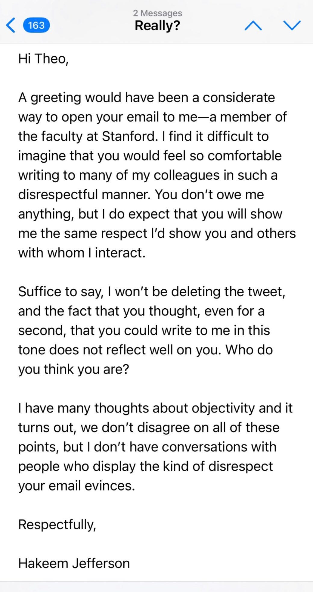 Professor Jefferson’s reply to Theo Baker’s original email