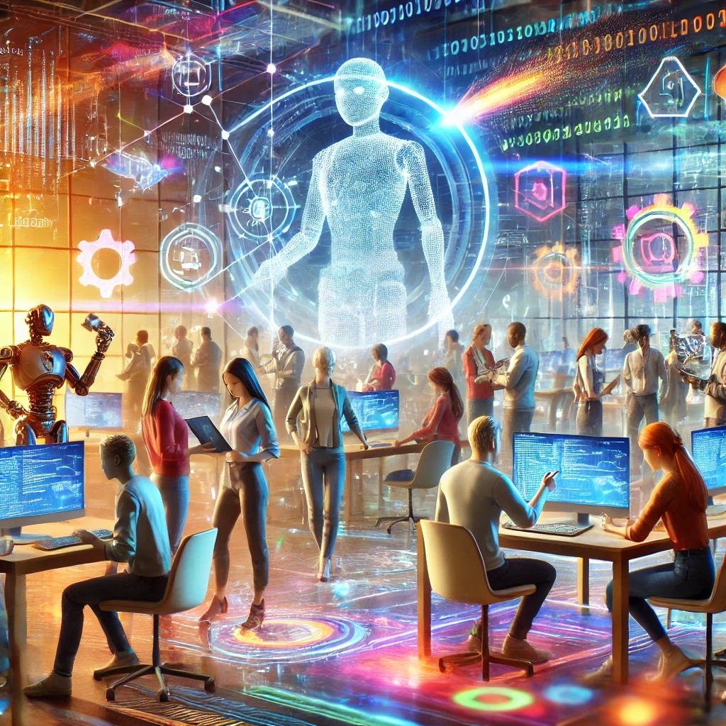 A futuristic illustration showing a diverse group of individuals collaborating with robots and advanced digital tools in a high-tech, vibrant workspace. The scene emphasizes creativity, innovation, and teamwork, with holographic screens, coding visuals, and robotic assistants in the background. The atmosphere should feel optimistic and forward-looking, symbolizing the integration of humans and technology shaping the future.