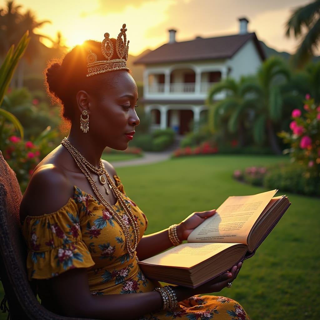 A regal Jamaican family matriarch, adorned in elegant attire and jewelry, sits in a lush garden surrounded by lush greenery and vibrant flowers, with a stately ancestral home in the background, symbolizing the legacy of inherited wealth and property. The warm, golden light of a Caribbean sunset casts a cinematic glow, as she holds a worn, leather-bound will, passing on her cherished assets to loved ones, ensuring the continuation of family traditions and heritage. The atmosphere is one of serenity, love, and reverence, as the matriarch's legacy is formalized, securing the future of her estate. A regal Jamaican family matriarch, adorned in elegant attire and jewelry, sits in a lush garden surrounded by lush greenery and vibrant flowers, with a stately ancestral home in the background, symbolizing the legacy of inherited wealth and property. The warm, golden light of a Caribbean sunset casts a cinematic glow, as she holds a worn, leather-bound will, passing on her cherished assets to loved ones, ensuring the continuation of family traditions and heritage. The atmosphere is one of serenity, love, and reverence, as the matriarch's legacy is formalized, securing the future of her estate.