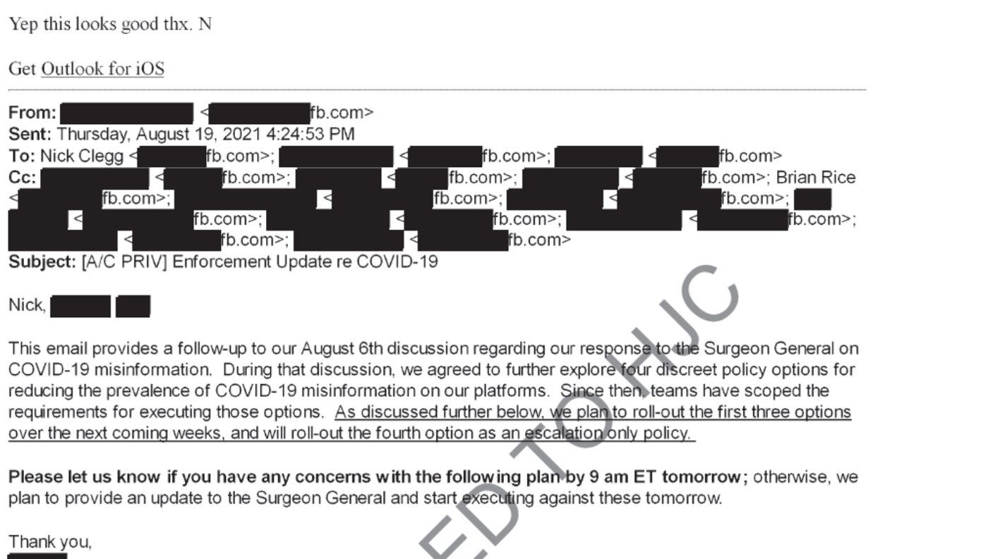 Facebook enforcement update to Nick Clegg, August 19, 2021 Facebook enforcement update to Nick Clegg, August 19, 2021