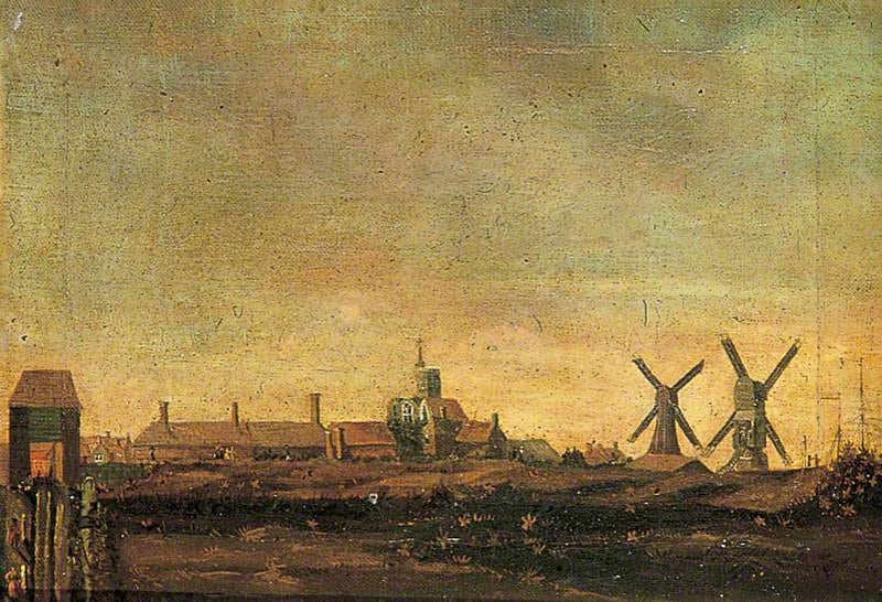 Painting showing a iew of Sandwich, Kent, from the South with Post Mills and Newgate