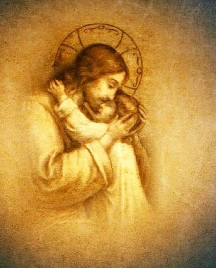 This may contain: an image of jesus holding the child in his arms with words above it that read, abrazme fuerte sebor, te necesito, necesso, nechesto