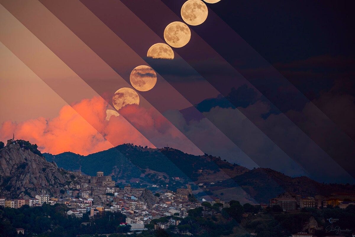 Harvest Moon rising with the Belt of Venus and an erupting Mount Etna Harvest Moon rising with the Belt of Venus and an erupting Mount Etna