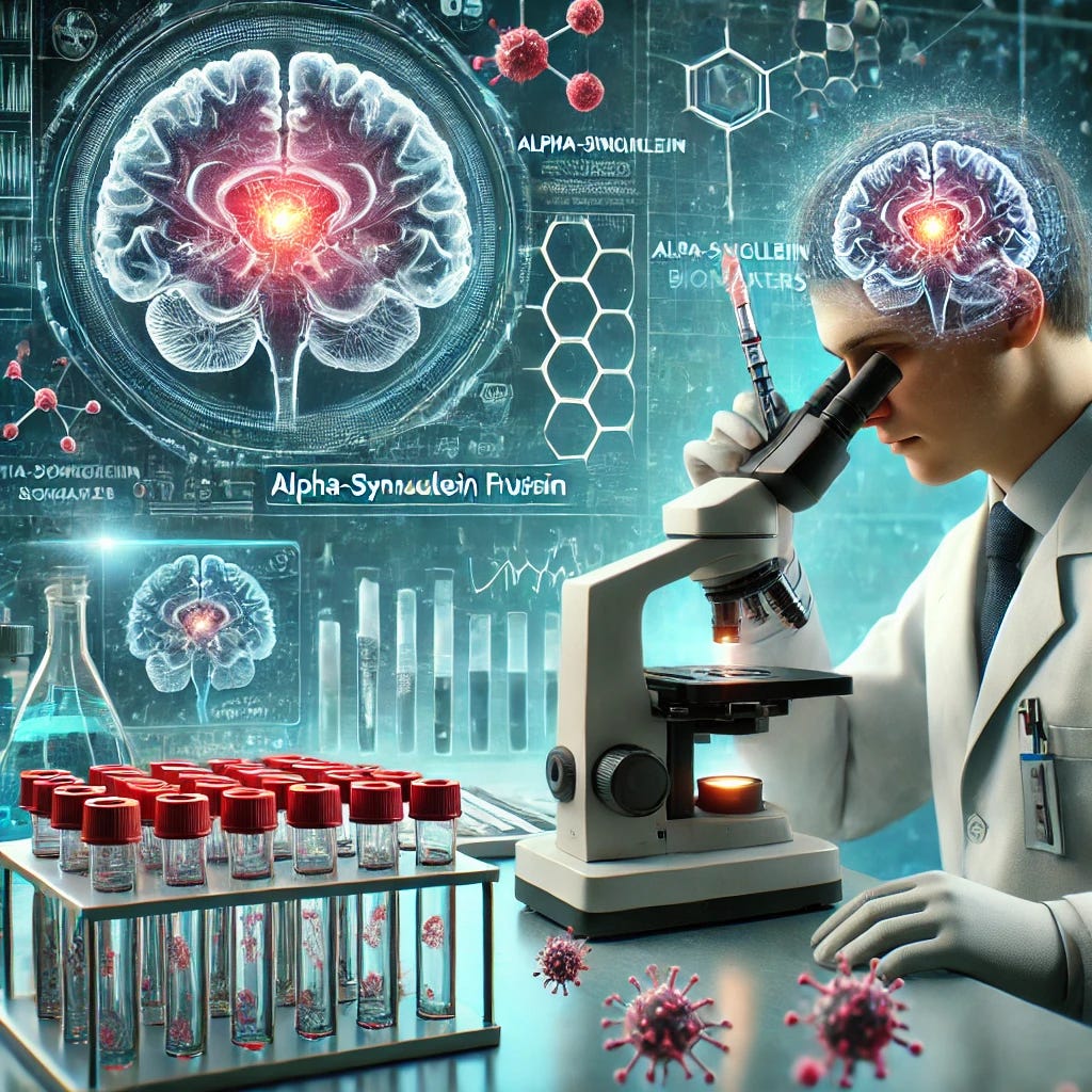An image depicting the early detection of Parkinson's disease through advanced medical technology. The scene shows a scientist in a lab analyzing cerebrospinal fluid samples with a high-tech microscope, highlighting the alpha-synuclein protein biomarkers. The background includes lab equipment, molecular structures, and a digital representation of brain activity. The overall atmosphere is scientific and futuristic, emphasizing innovation and progress in medical research.