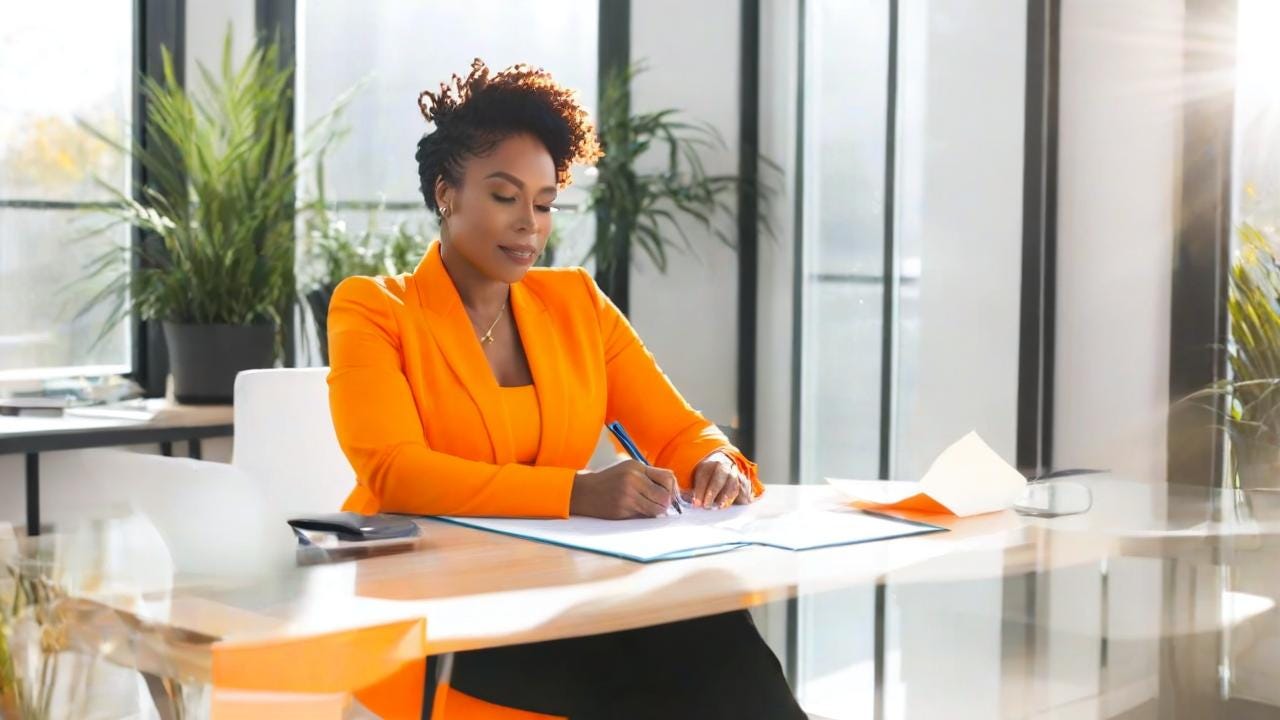 Black Woman with bright orange color wearing life Coaching sitting sitting in o different office with water on the table with writing a letter with the sun shining
