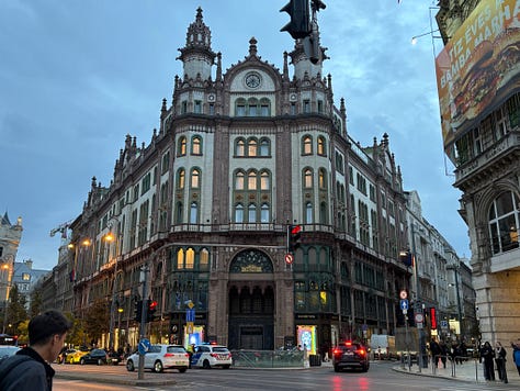 Photos of architecture and a selfie of us in Budapest, Hungary