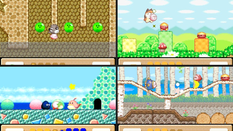 Four colorful game screenshots featuring cute characters in varied landscapes: caves, grassy zones, seashores, and forests.