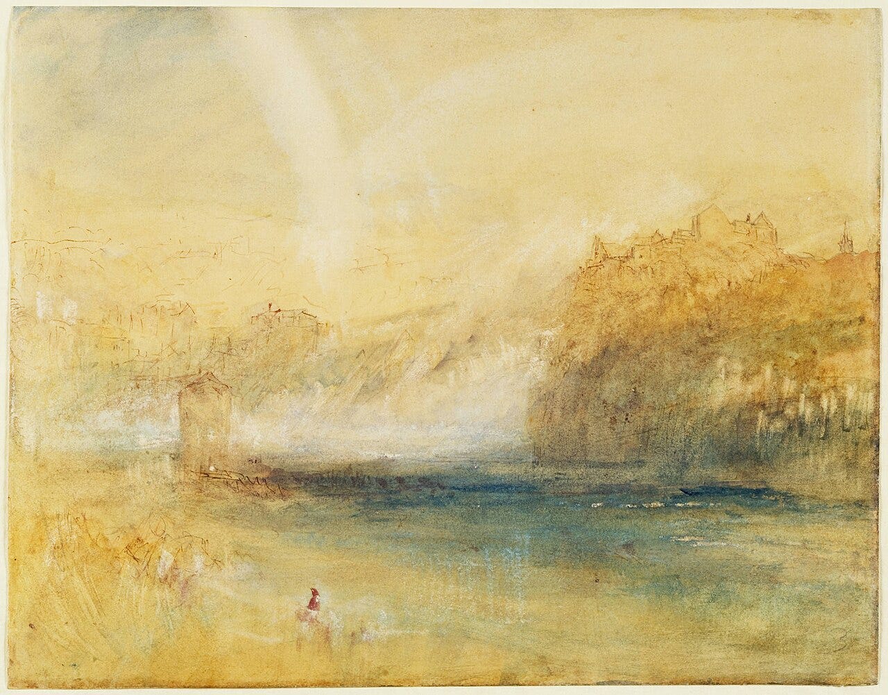 A huge foaming waterfall throws up spray and mist with small figures and animals at the edge A huge foaming waterfall throws up spray and mist with small figures and animals at the edge