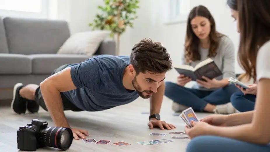 A man works out, a woman reads, and two others play cards, all promoting cognitive health and reducing dementia risk.