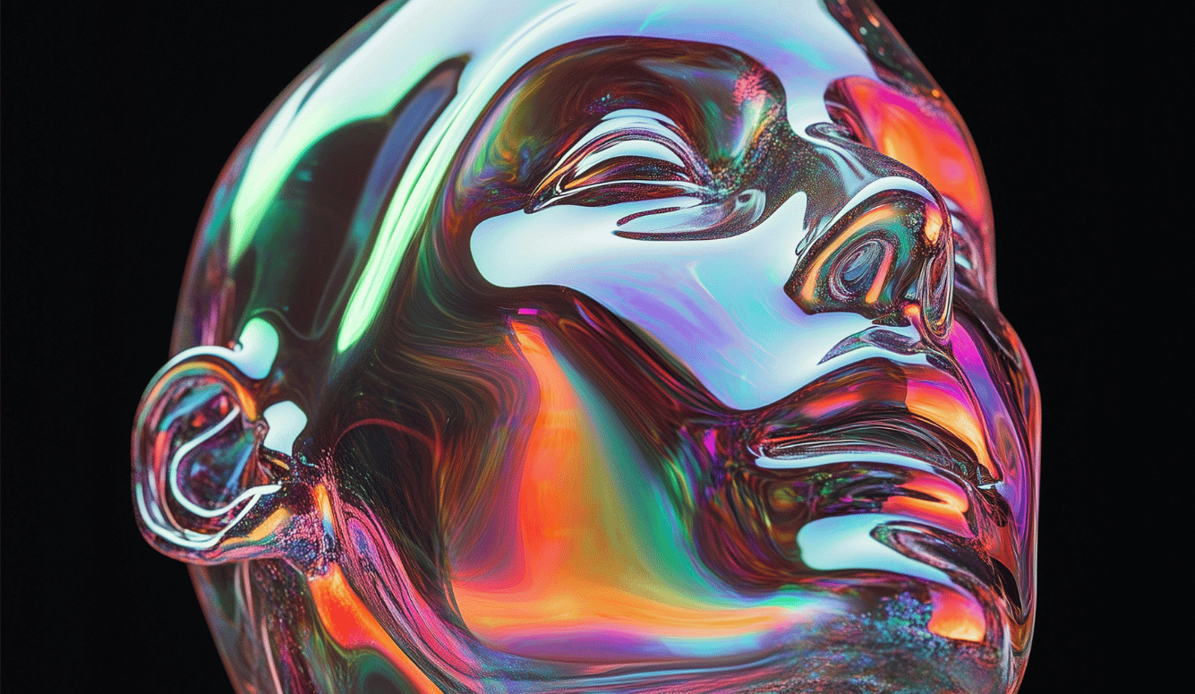 Abstract digital sculpture of a human head rendered in glossy, iridescent colours against a black background. Abstract digital sculpture of a human head rendered in glossy, iridescent colours against a black background.