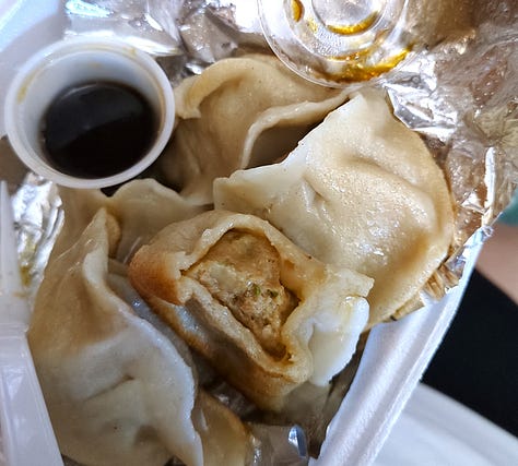 Photos of a variety of dumplings, steamed and potsticker style, with some cross sections to show the stuffing