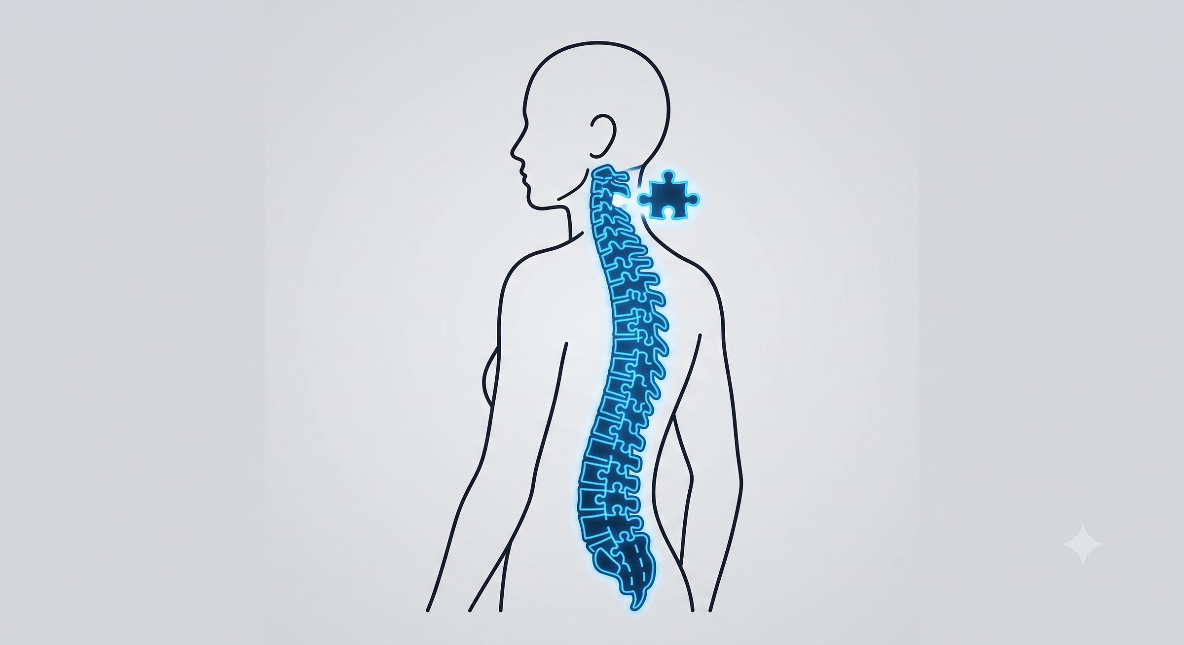 Minimalist medical art showing a puzzle pattern matching up along a spine to show clinical pattern recognition.