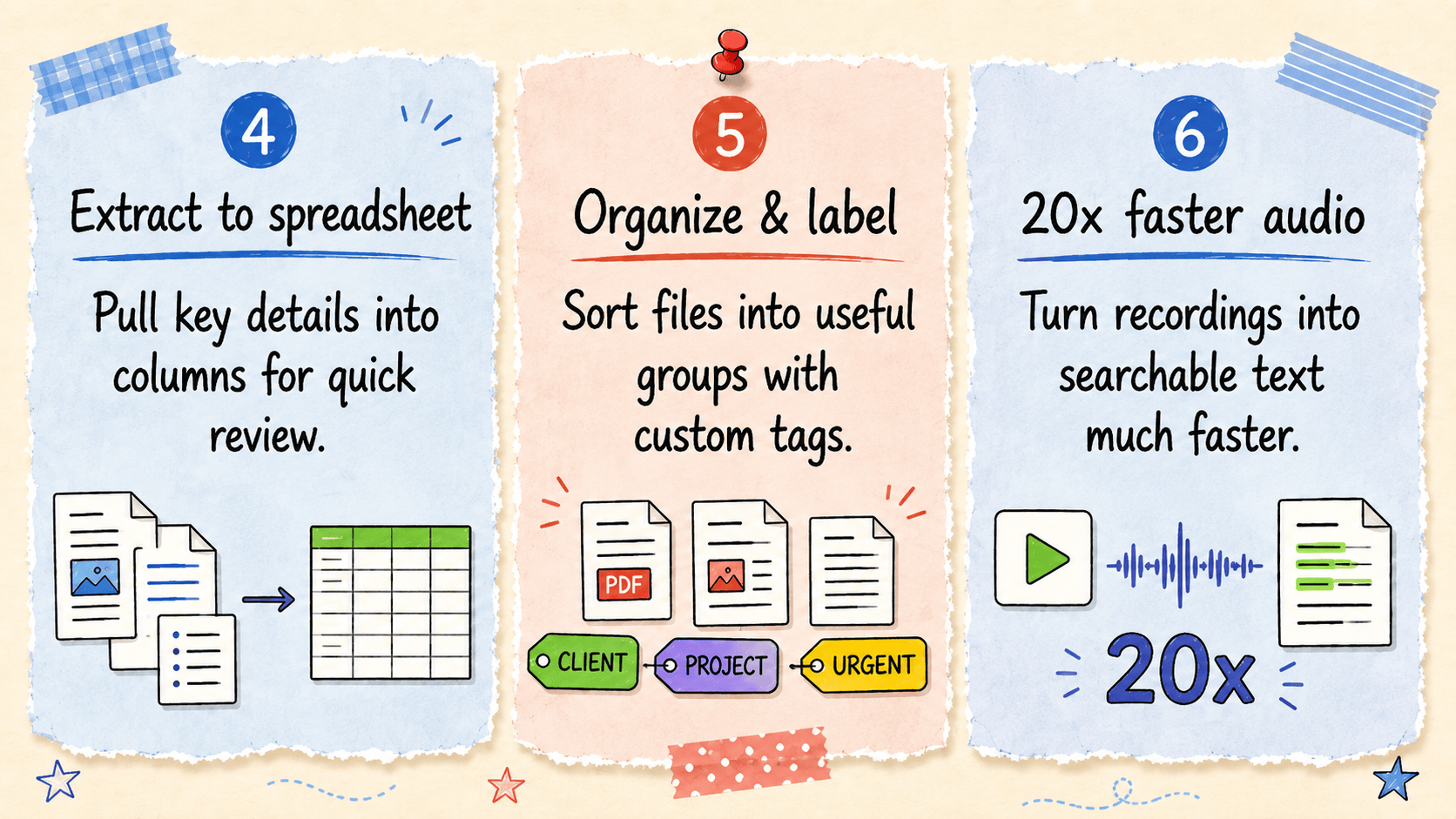 Illustrated cards for three more Pinpoint features: extract data to a spreadsheet, organize and label files, and 20x faster audio transcription. Alt-text generated with Claude AI.
