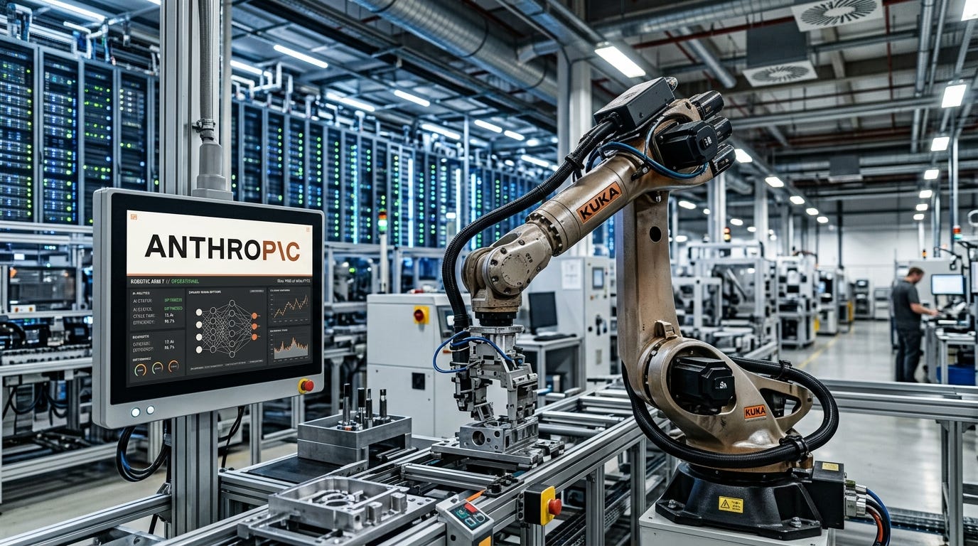 Một cảnh chi tiết về một cánh tay robot trong một nhà máy sản xuất, được điều khiển bởi giao diện AI hiển thị logo Anthropic, với một trung tâm dữ liệu khổng lồ có thể nhìn thấy ở phía sau. Một cảnh chi tiết về một cánh tay robot trong một nhà máy sản xuất, được điều khiển bởi giao diện AI hiển thị logo Anthropic, với một trung tâm dữ liệu khổng lồ có thể nhìn thấy ở phía sau.