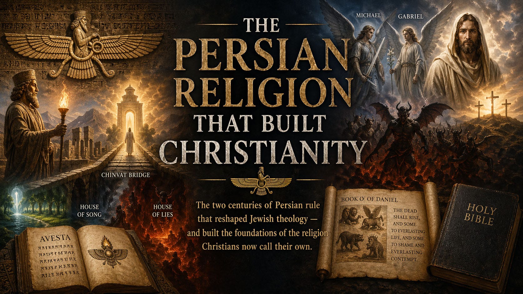 illustration contrasting ancient Persian religion and early Judeo-Christian imagery. The center displays the title “The Persian Religion That Built Christianity” in large gold lettering. On the left side, Zoroastrian symbols and architecture appear, including a glowing temple pathway, ancient script, and imagery of the Chinvat Bridge leading toward light and darkness labeled “House of Song” and “House of Lies.” On the right side, Christian imagery shows angels, a bearded Jesus figure, crosses on a hill, and demonic figures emerging from fire, with scrolls and a Bible nearby. The overall tone is dramatic, historical, and mythic, with warm golds, deep blacks, and fiery reds creating a contrast between order, judgment, and cosmic struggle.
