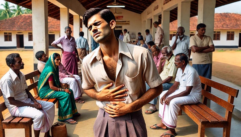 A young man in front of a hospital clutching his abdomen and wincing in pain. A young man in front of a hospital clutching his abdomen and wincing in pain.