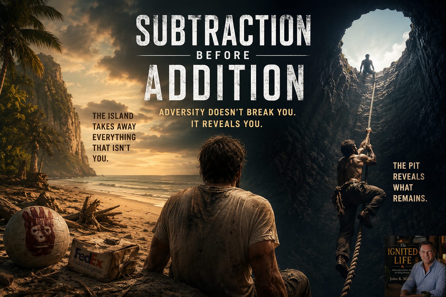 A cinematic split-scene hero image illustrating transformation through adversity. On the left, a deserted tropical island at sunset evokes isolation and loss, featuring a weathered volleyball and a damaged FedEx package inspired by Cast Away. In the center, a lone exhausted man sits facing the horizon, symbolizing reflection and identity stripped bare. On the right, a muscular figure climbs a rope out of a dark underground pit toward a circle of light above, inspired by The Dark Knight Rises. Bold text across the image reads “Subtraction Before Addition” with supporting phrases including “Adversity Doesn’t Break You. It Reveals You.” The overall mood is dramatic, introspective, and empowering, emphasizing resilience, self-discovery, and transformation through hardship.