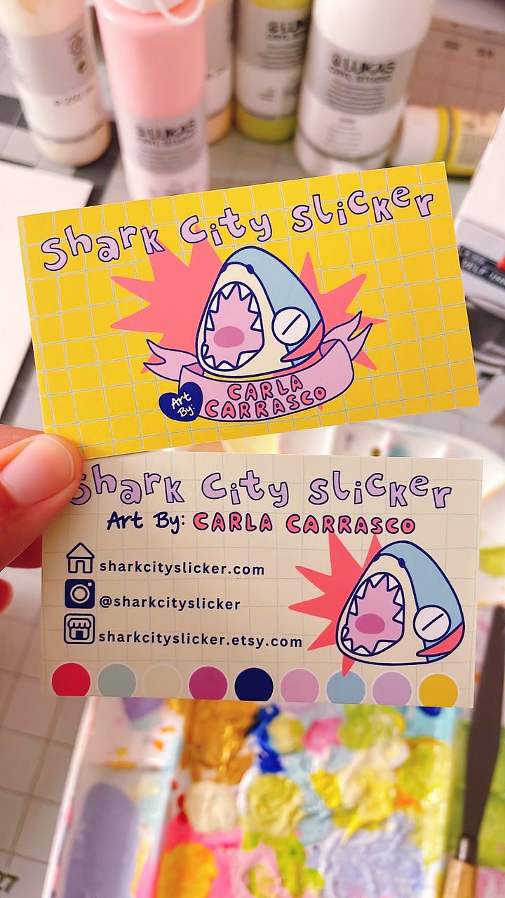 On the left, a photo showing the front and back of a business card featuring an illustrated shark. On the right, a graphic featuring an illustration of a promotional post also featuring an illustrated shark.