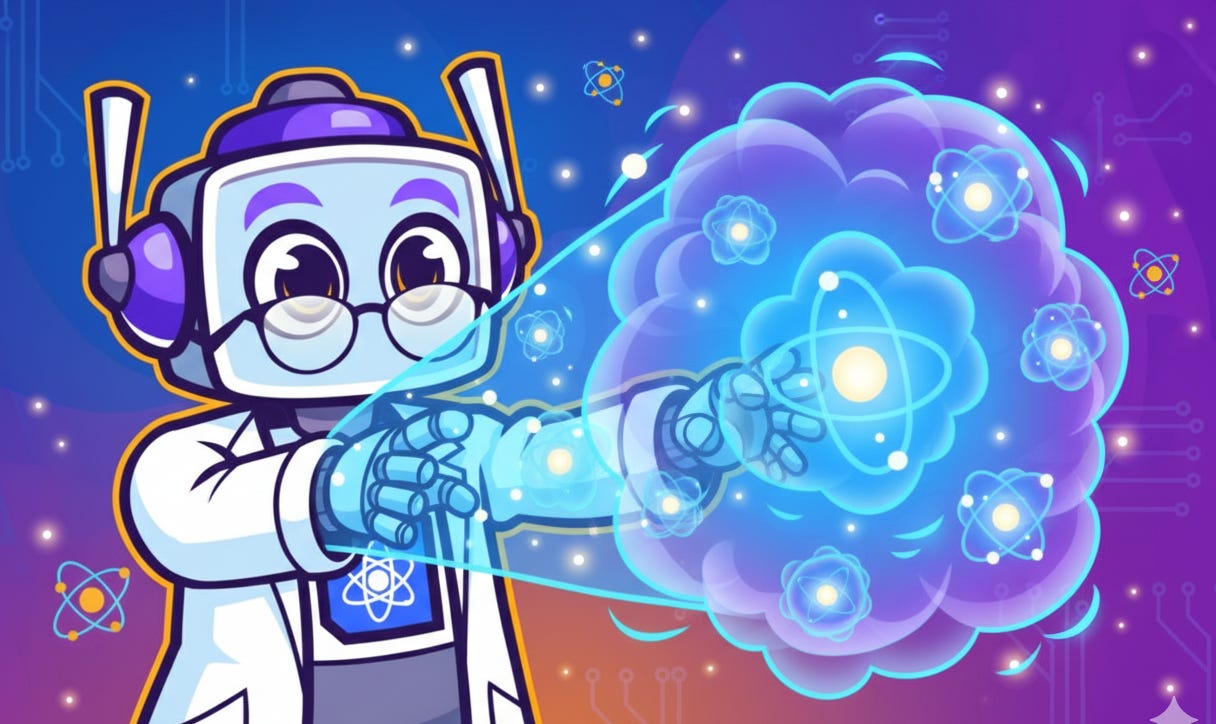  A rectangular image showing the Neuralbuddy character, a light blue robot in a lab coat, projecting a glowing visualization of probability clouds around atomic nuclei. The background is a gradient of purple and orange with circuit board patterns