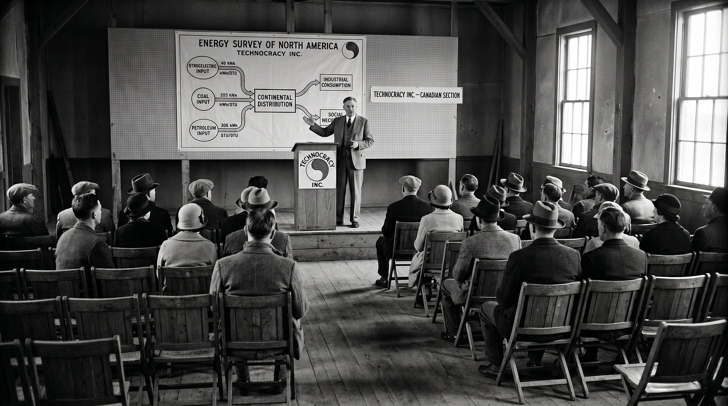 Black-and-white photograph of a sparsely attended Technocracy Inc. meeting in a municipal hall, 1930s. A speaker stands at a lectern beside a hand-drawn flow diagram of continental energy production.