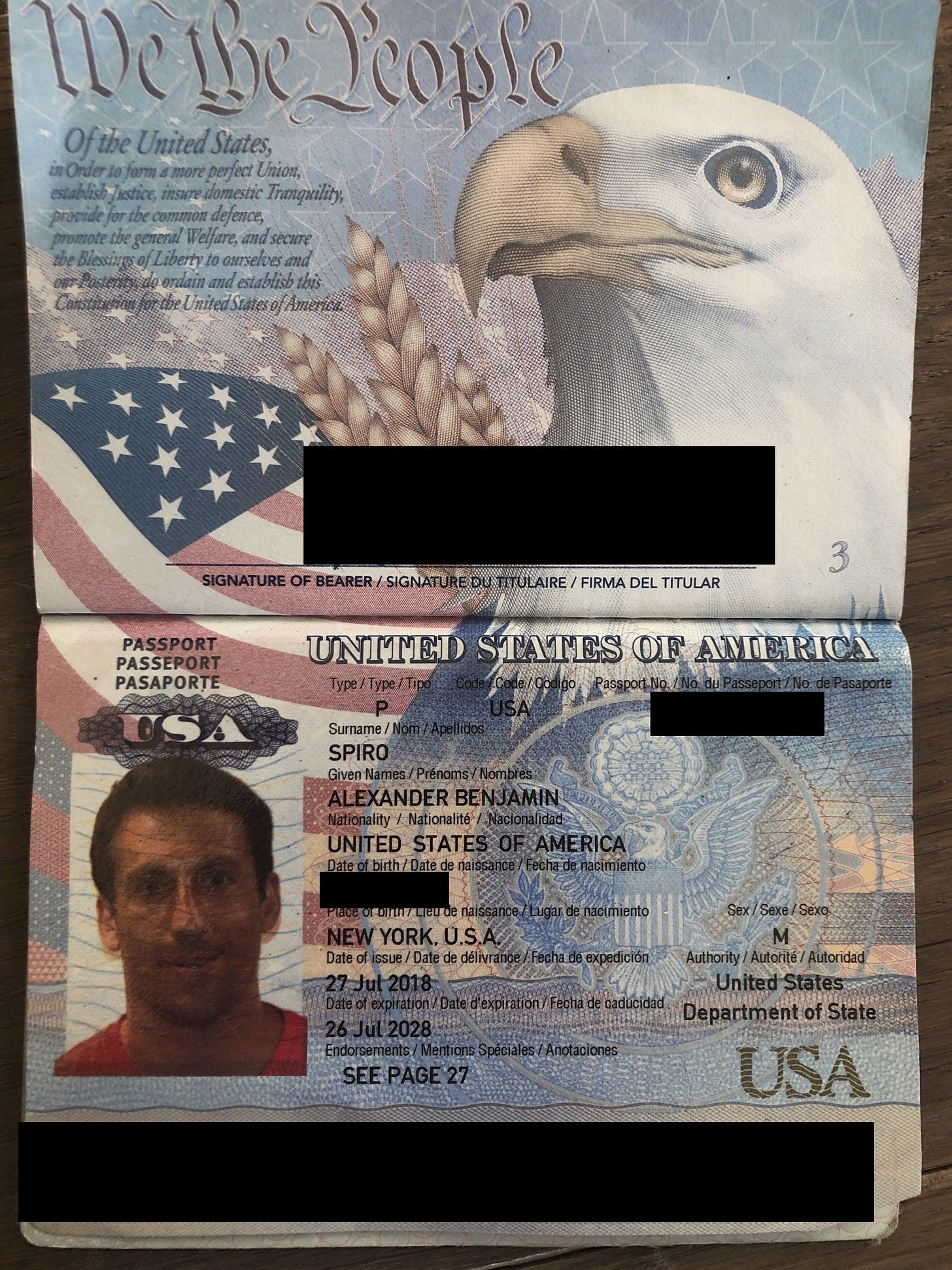 Alexander Benjamin Spiro’s U.S. passport, redacted