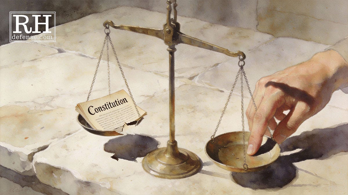 Watercolor illustration of the scales of justice on cracked stone. One pan holds a worn paper with the word “Constitution,” while a human hand presses a finger onto the opposite pan, subtly tipping the balance against it.