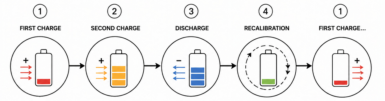 A simple technical textbook diagram on a white background showing a cyclical four-stage process: First charge → Second charge → Discharge → Recalibration → First charge… with arrows connecting each stage and the final arrow returning to First charge.
