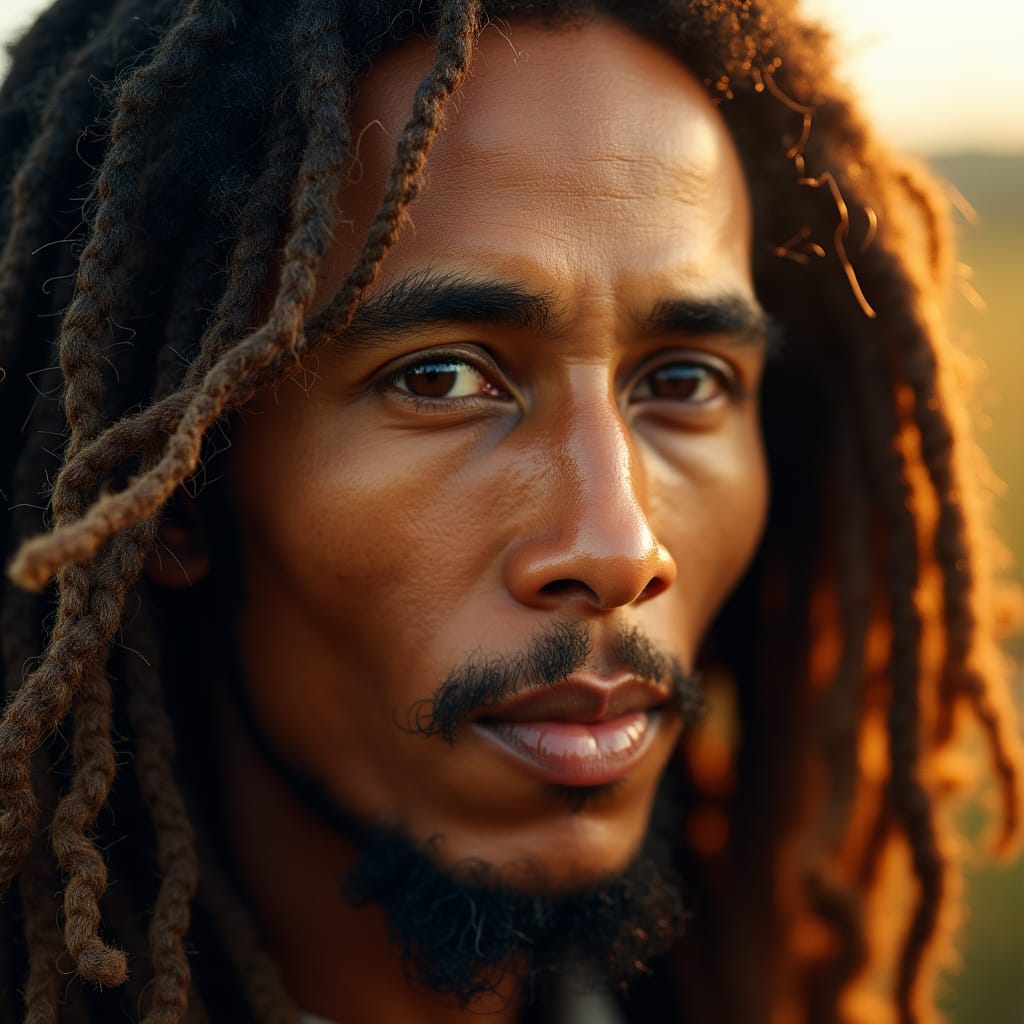 Close-up portrait of Bob Marley, iconic Jamaican reggae singer, with wisps of dreadlocks framing his face, warm golden light dancing across his features, capturing the essence of his soulful gaze.