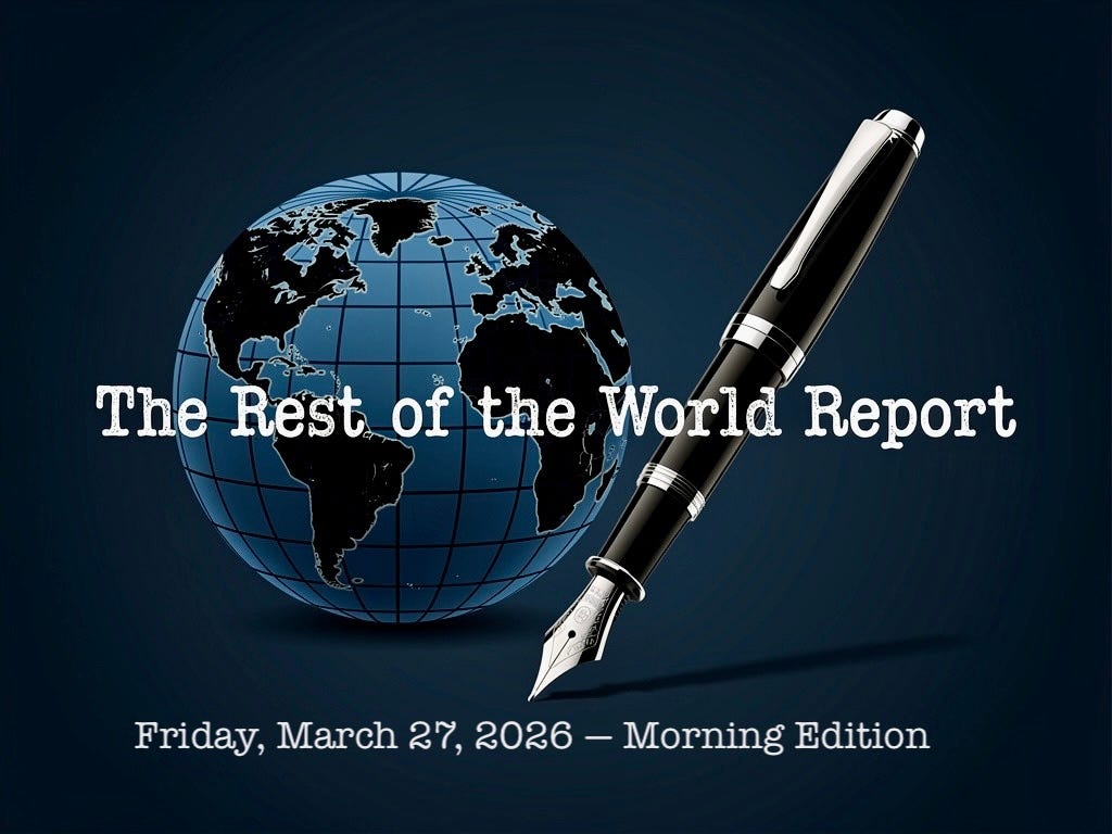 image of globe, fancy pen and the text: RotWR  - Friday, March 27 Morning Edition