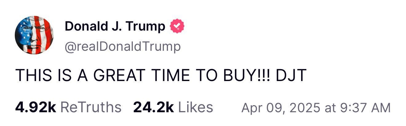 Katherine Clark on X: "Two hours before announcing his tariff pause, Trump  told his paid Truth Social subscribers it was "a great time to buy" on the  stock market. Corruption is the
