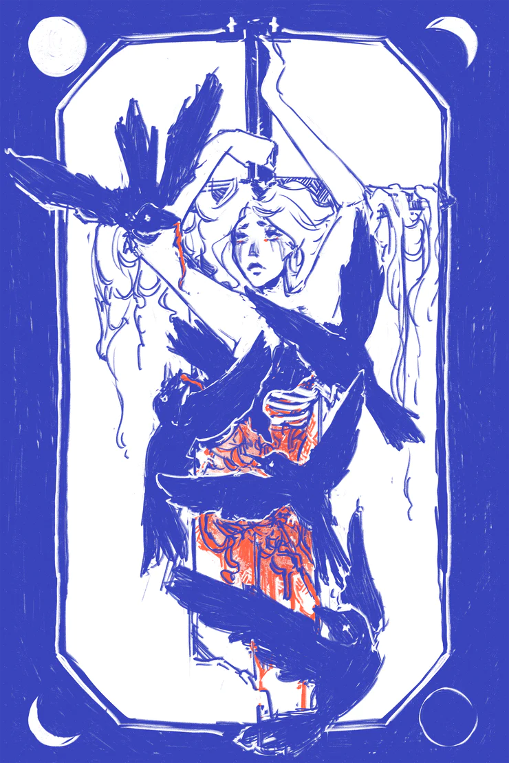 The severed upper body of a woman is skewered on a sword or hanging on a cross while black birds feast on her entrails. Tears stream down her face as she looks up to the full moon. The corners depict different phases of the moon cycle.
