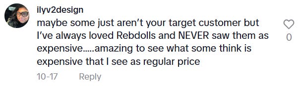 screenshots depicting what consumers think about rebdolls and how it is too expensive or just right for the value