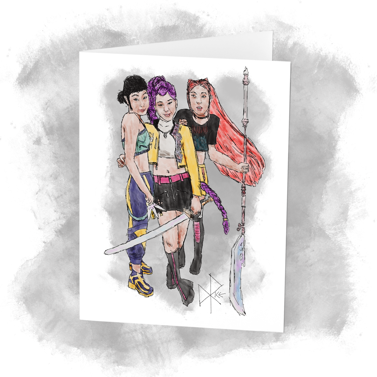 The fictional K-pop girl group, Huntr/x (Rumi, Mira, and Zoey), who lead double lives as demon hunters. Sketch art by Don Rice. The fictional K-pop girl group, Huntr/x (Rumi, Mira, and Zoey), who lead double lives as demon hunters. Sketch art by Don Rice.