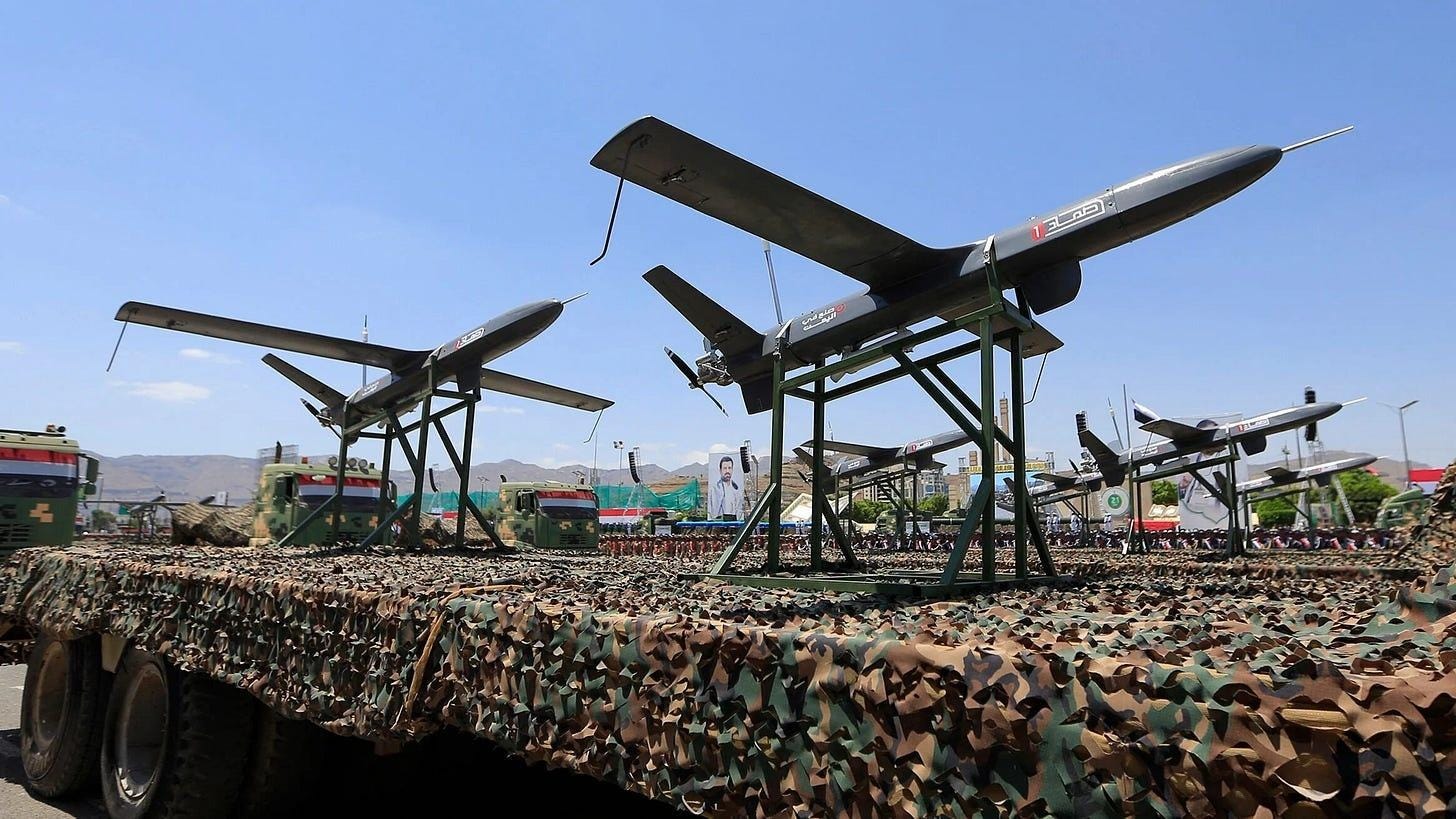 Drones are displayed on the back of a vehicle during an official military parade marking the ninth anniversary of the Houthi takeover of the capital Sanaa on 21 September 2023 (AFP) Drones are displayed on the back of a vehicle during an official military parade marking the ninth anniversary of the Houthi takeover of the capital Sanaa on 21 September 2023 (AFP)