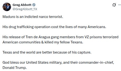 Texas Governor Greg Abbott celebrates Nicolas Maduro's Arrest by US forces. Texas Governor Greg Abbott celebrates Nicolas Maduro's Arrest by US forces.