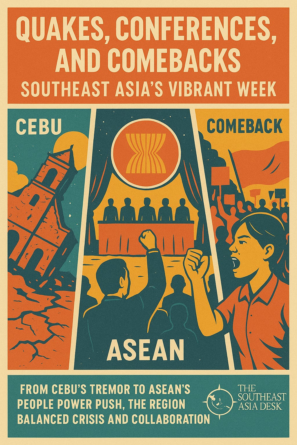 A composite visual of Southeast Asia’s defining moments — rescuers in Cebu after the earthquake, Indonesian and Philippine naval vessels in joint drills, and activists gathering at the ASEAN for the Peoples Conference in Jakarta — symbolizing resilience, cooperation, and civic power across the region.