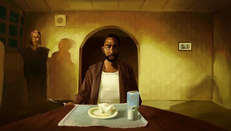 Tense man sits at a table with a knife, plate, and drink in a dim yellow room; a shadowy figure stands behind him.