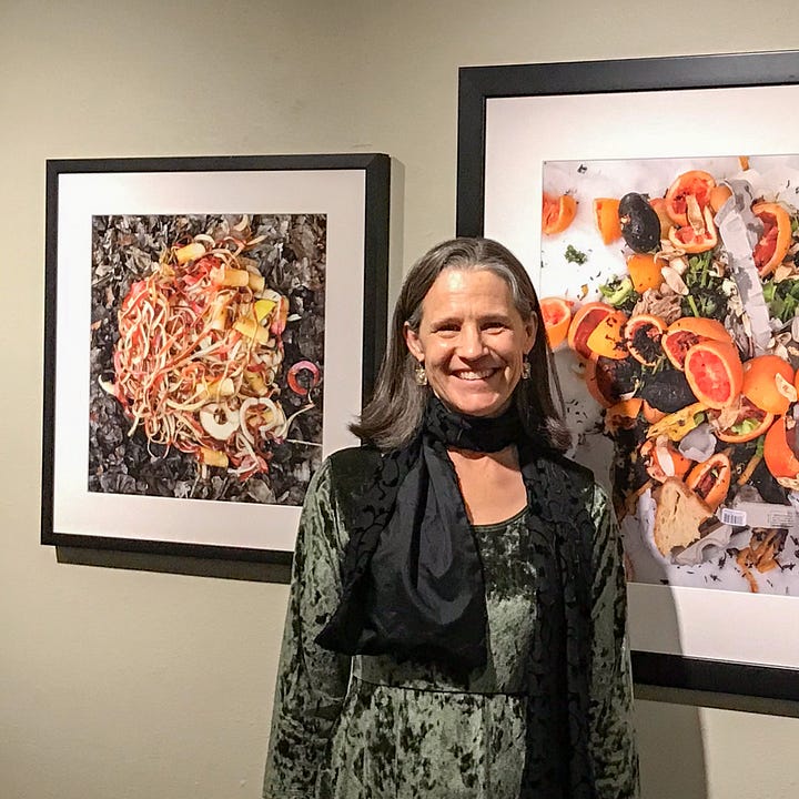 Diptych: Woman stands in front of compost photographs in a gallery; an orange peal alone on a rough off white surface.