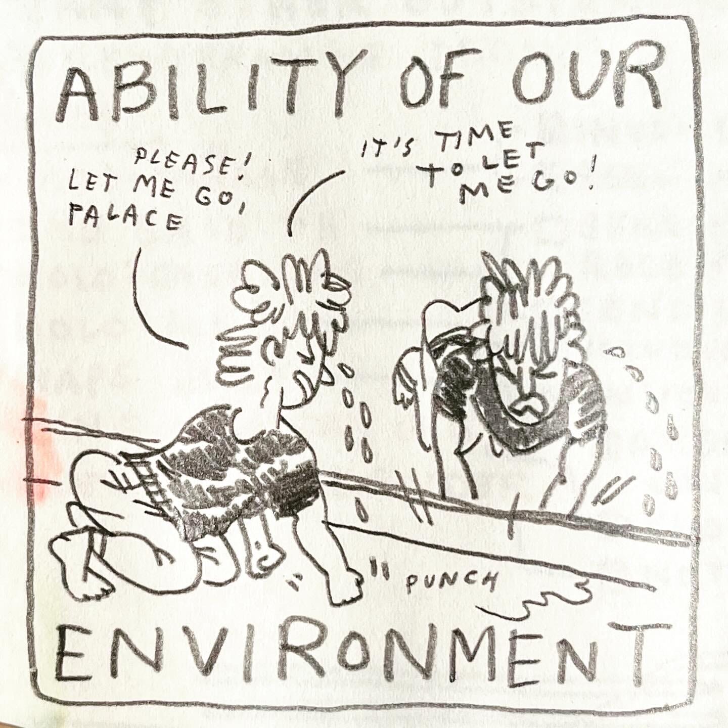 Panel 5: ability of our environment Image: Lark, still in black T-shirt and sweatpants, is on hands and knees in front of wall to wall mirror. They are crying, squeezing their eye shut. A vein stands out in their neck. They punch the ground, shouting, "please! Let me go, palace, it's time to let me go!"