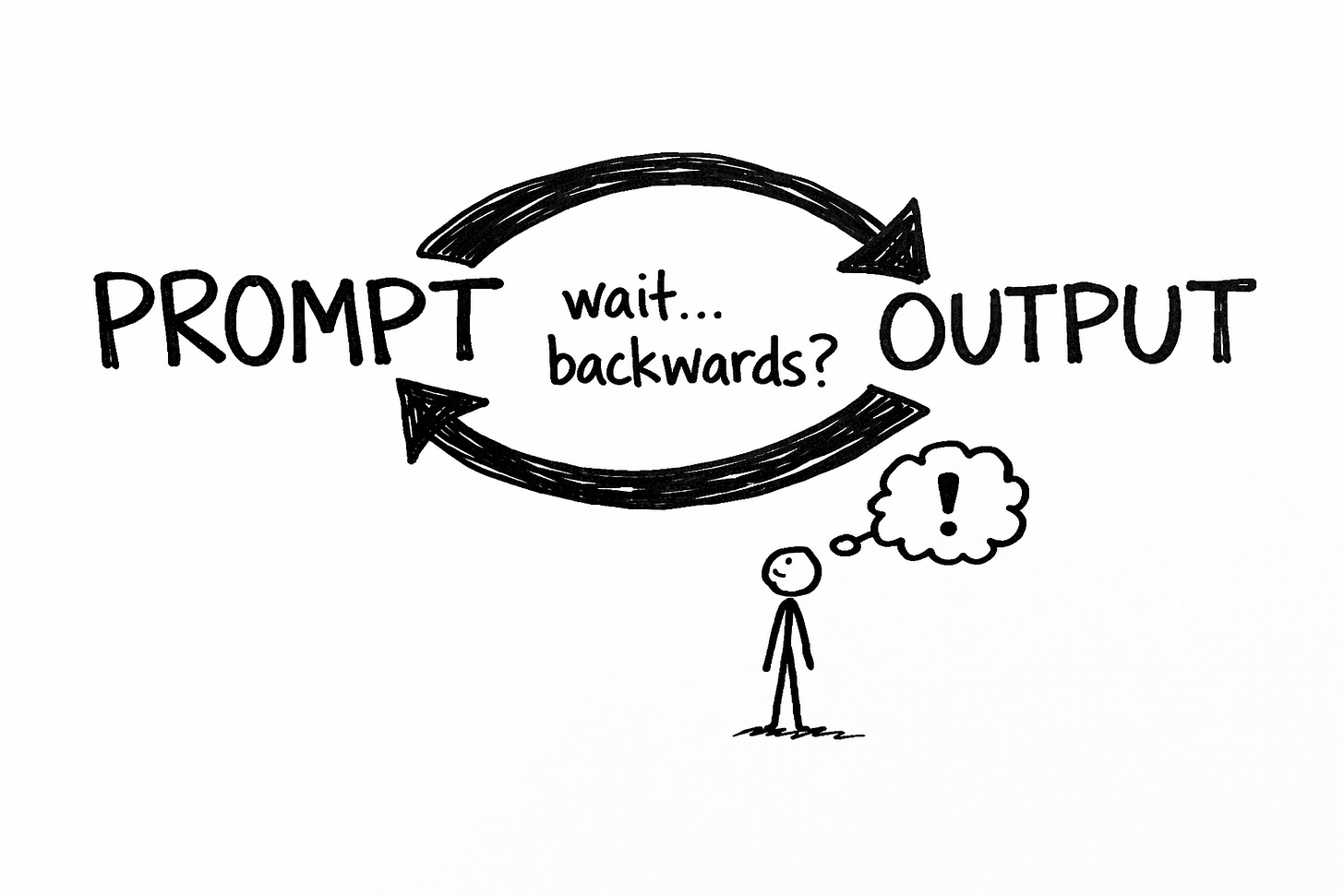 Hand-drawn Sharpie doodle of a stick figure looking up at two curved arrows connecting the words PROMPT and OUTPUT in a loop, with 'wait... backwards?' written in the center and a thought bubble with an exclamation mark above the stick figure's head, illustrating the concept of reverse prompting with AI Hand-drawn Sharpie doodle of a stick figure looking up at two curved arrows connecting the words PROMPT and OUTPUT in a loop, with 'wait... backwards?' written in the center and a thought bubble with an exclamation mark above the stick figure's head, illustrating the concept of reverse prompting with AI