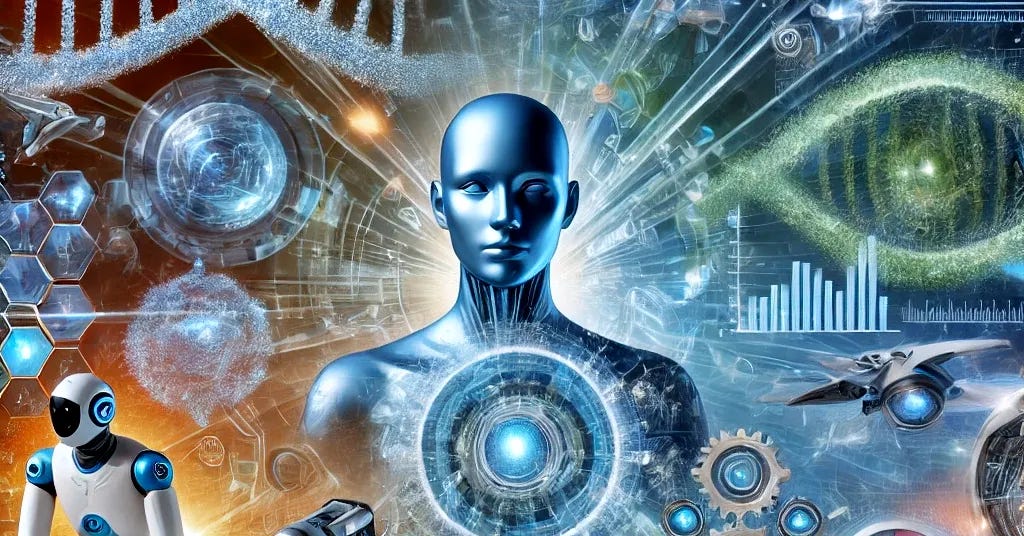 A visually captivating digital graphic titled 'Breakthrough Technologies of 2024,' showcasing futuristic and cutting-edge themes. The image should include elements like a sleek humanoid robot, a glowing DNA helix, advanced drones, and AI-powered devices integrated into a tech-savvy landscape. Highlight innovations in biotechnology, robotics, and renewable energy with a dynamic and colorful composition. Use vibrant shades of blue, silver, and green to convey innovation and progress, and make the title prominent yet seamlessly blended into the design.