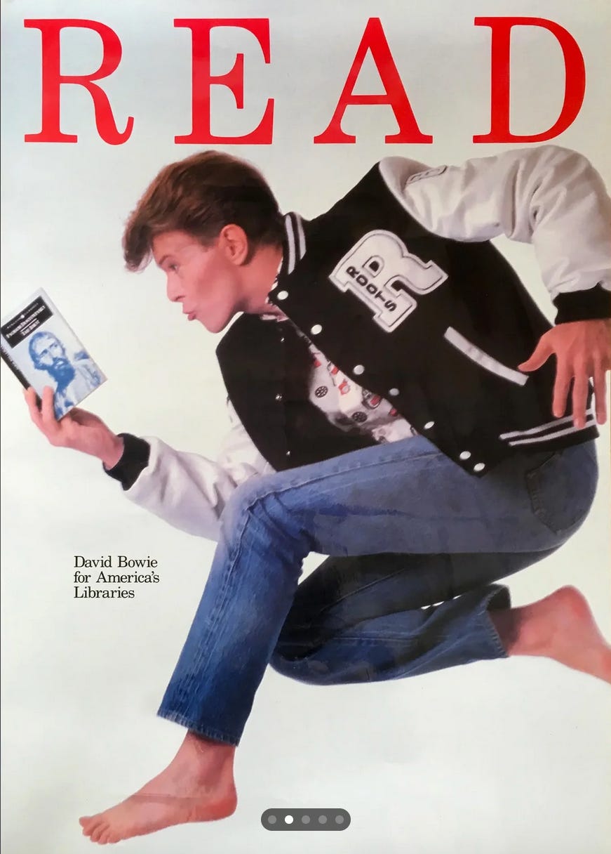 Profile of David Bowie with a book in his hand as the cover of a summer reading post for America's libraries, circa 1980 Profile of David Bowie with a book in his hand as the cover of a summer reading post for America's libraries, circa 1980