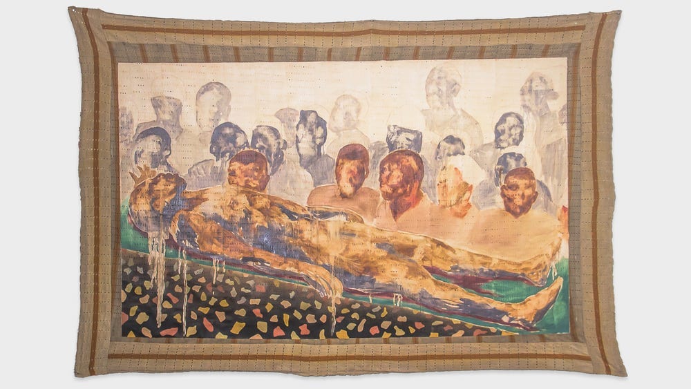 A reclining golden figure surrounded by seated figures, with ghostly silhouettes in the background, painted on a fabric