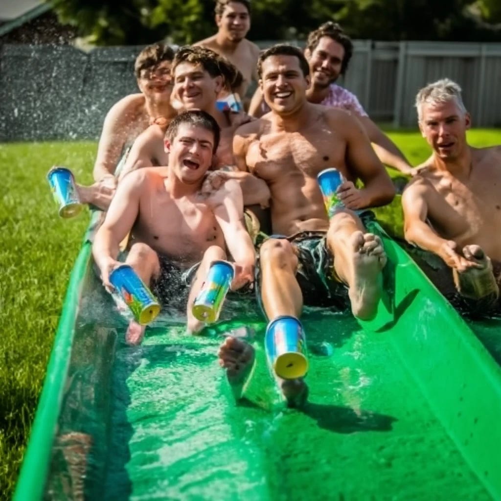 College guys with shirts off  and smiling while drinking hard seltzers while using a slip n slide on grass