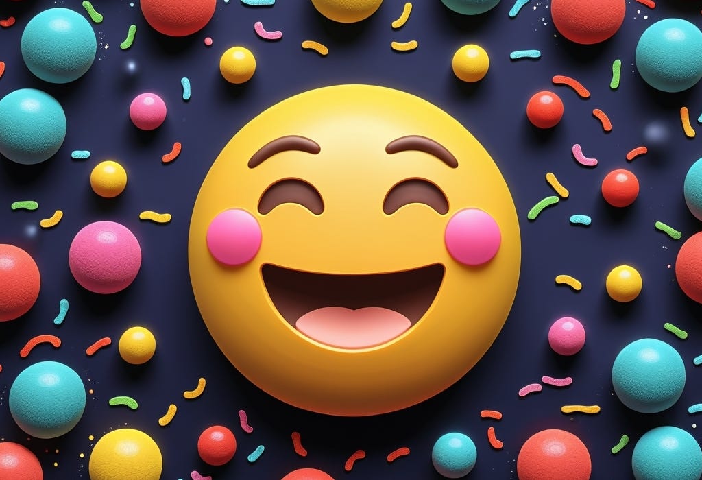 A 3D smile emoji on a colorful background.