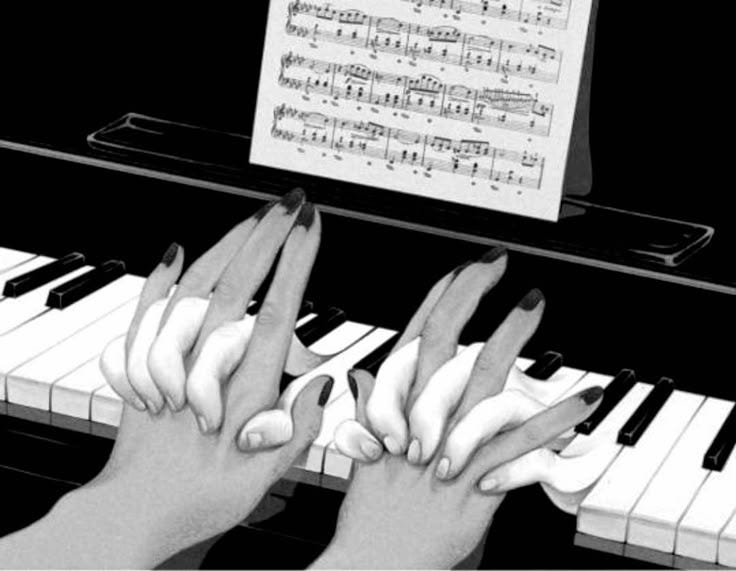 This may contain: two hands on the keys of a piano with sheet music in the backgroun