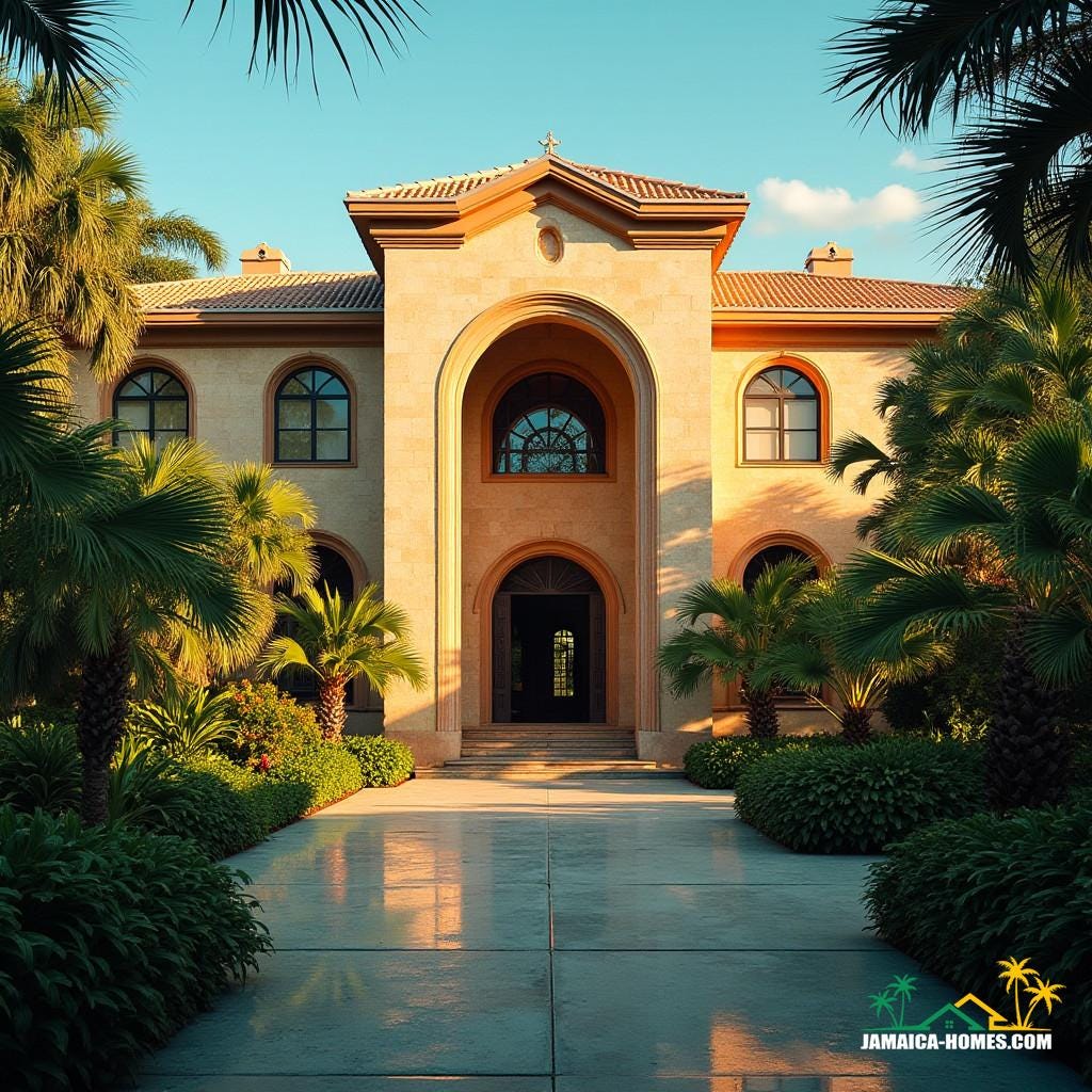 A majestic modern Romanesque Revival architecture home in Jamaica, Caribbean, bathed in warm, golden light, with lush tropical foliage surrounding the estate, evoking a sense of grandeur and tranquility. Inspired by the works of James Turrell and Andreas Gursky, with a hint of Wes Anderson's symmetrical compositions